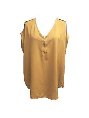 Speed Limit MPH Blouse Cuffef Cap Sleeves V-Neck 1/4 Zipper Dark Gold/Brown 2X